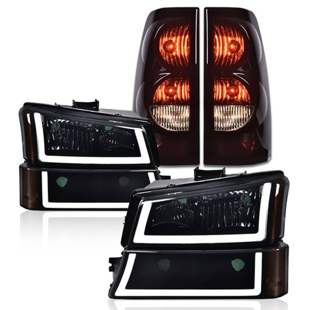 Fit For 03-2006 Chevrolet Silverado LED Tube Smoke Black Headlights+Tail Lights