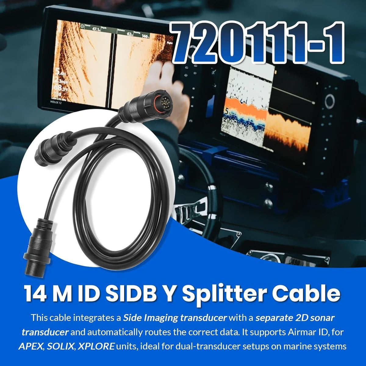 720111-1 14 M ID SIDB Y Splitter Cable for Humminbird SOLIX & APEX Fish Finders