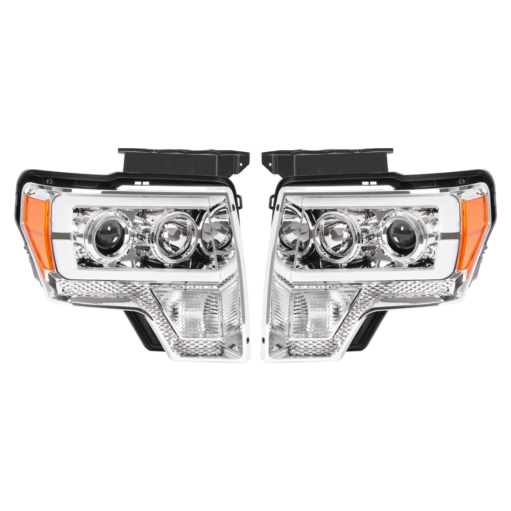 Projector Headlight Assembly Fit Ford F150 F-150 2009-2014 Chrome DRL LED Tube