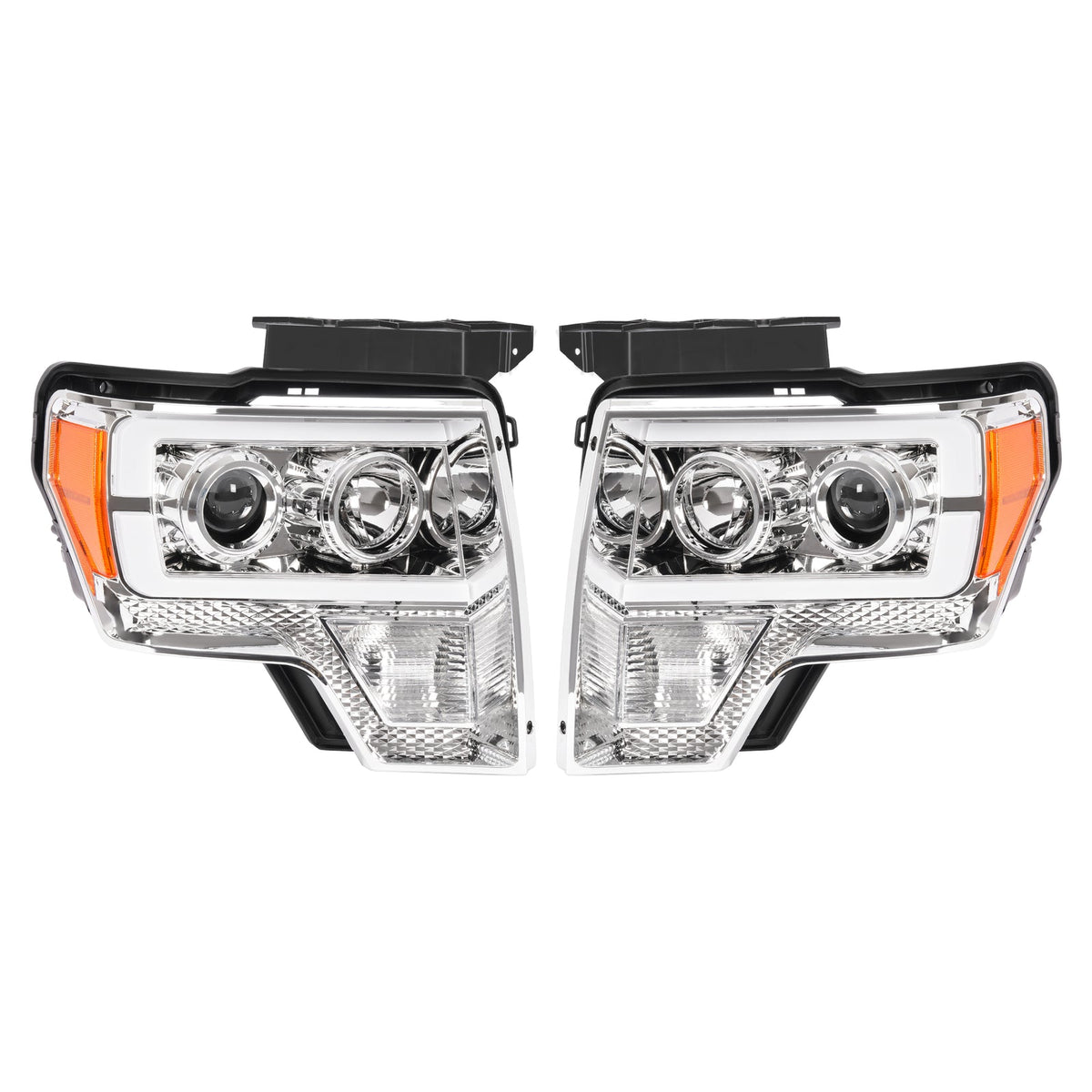Projector Headlight Assembly Fit Ford F150 F-150 2009-2014 Chrome DRL LED Tube