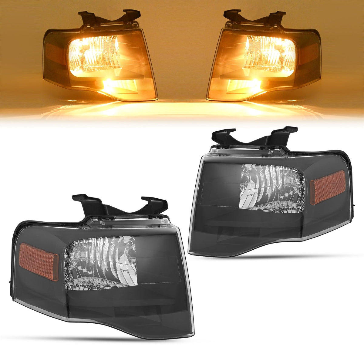 For Ford Expedition 2007-2014 Black Headlights Amber Corner W/All bulbs Pair