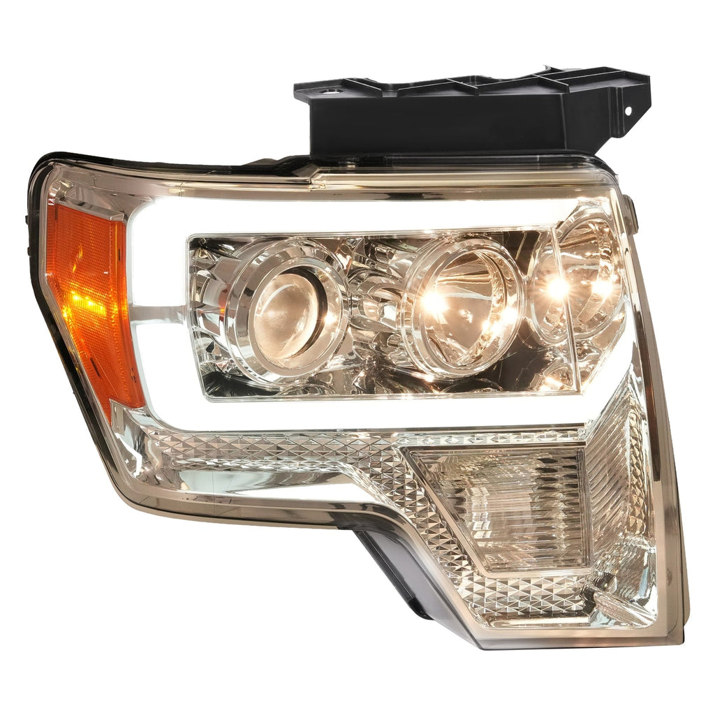 Projector Headlight Assembly Fit Ford F150 F-150 2009-2014 Chrome DRL LED Tube