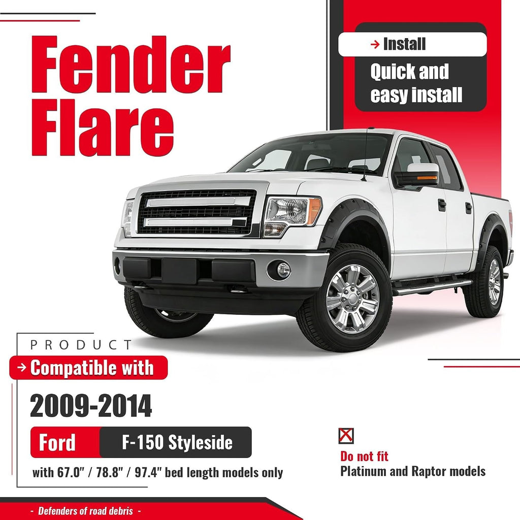 [4PCS] Pocket Riveted Wheel Fender Flare For 2009-2014 Ford F150 F-150 Styleside