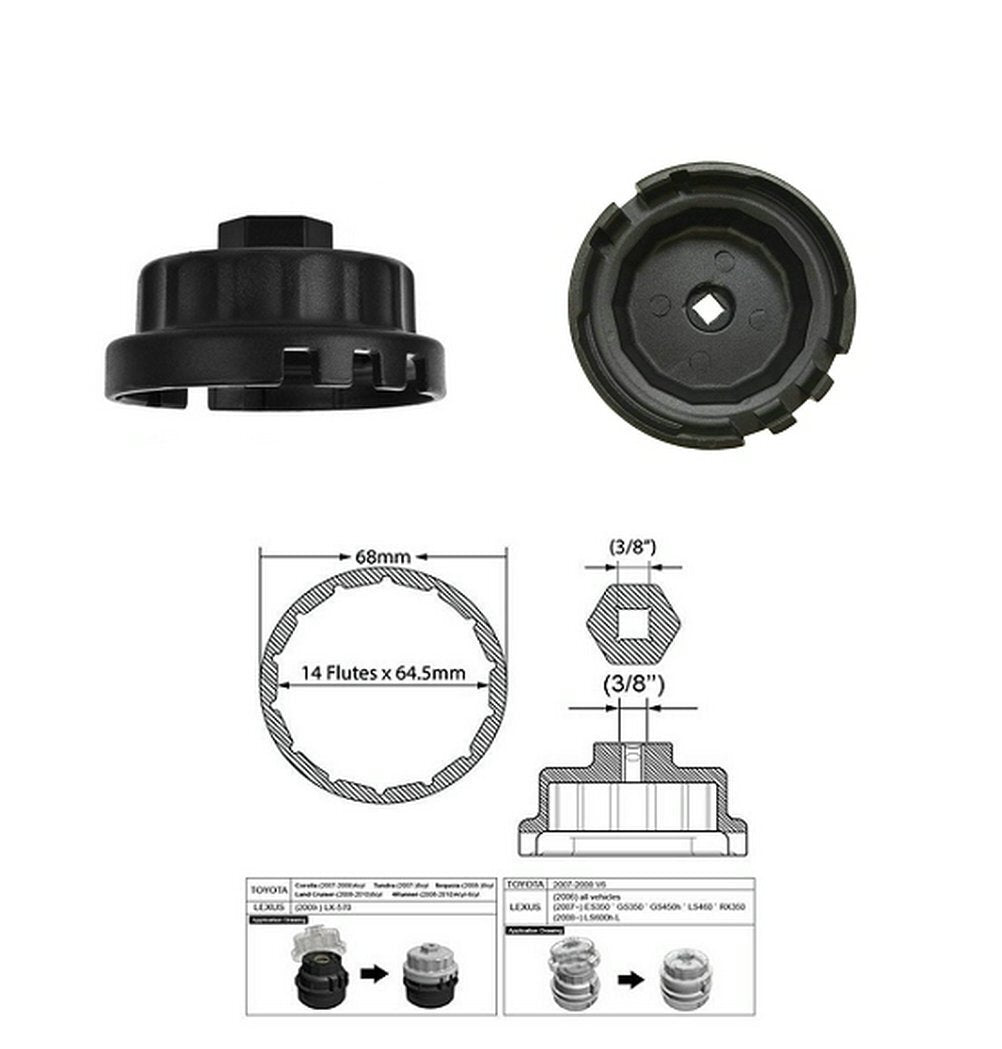 Oil Filter Cap Wrench 64mm 14 Flute for Toyota Lexus Scion 2.5L to 5.7L (Black)
