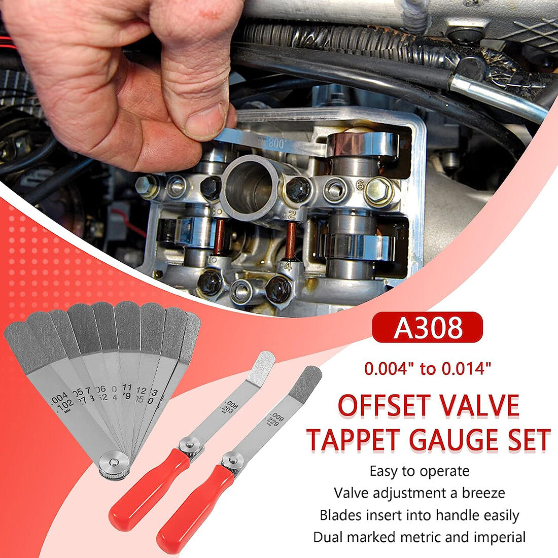 A308 Offset Valve Tappet Gauge 11-Blade Feeler Gauge Kit Sizes 0.004" to 0.014"