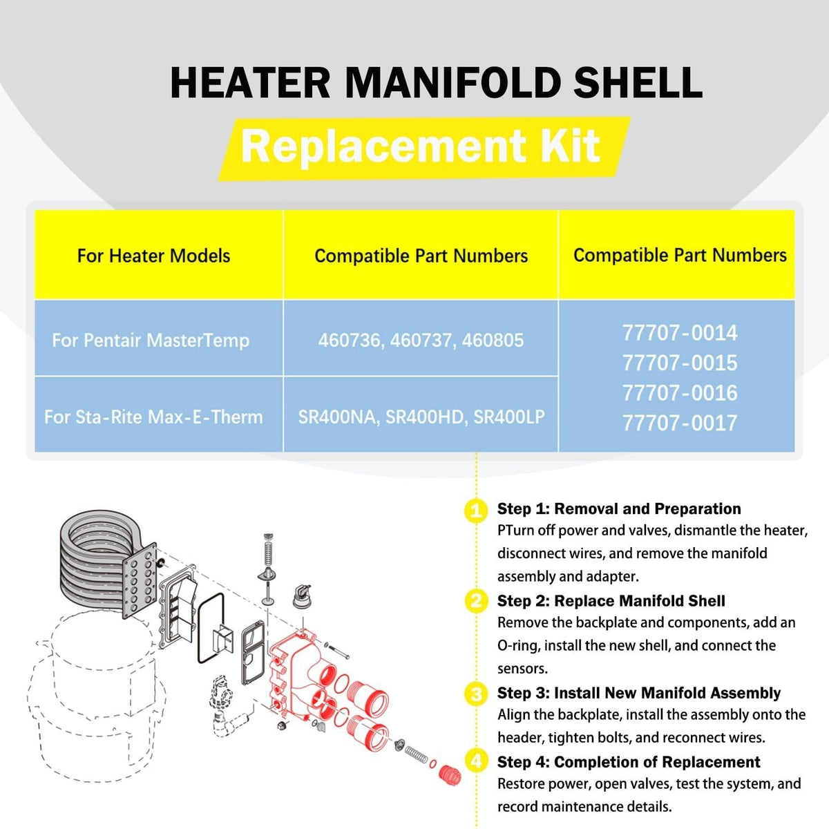 for Pentair 77707-0016 MasterTemp/Max-E-Therm 400 Manifold Kit Pool Spa Heater