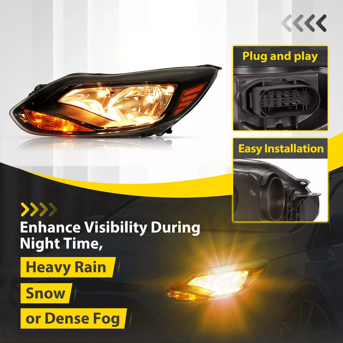 Black Left Driver Side Headlights Clear Lens Halogen Fits Ford Focus 2012-2014
