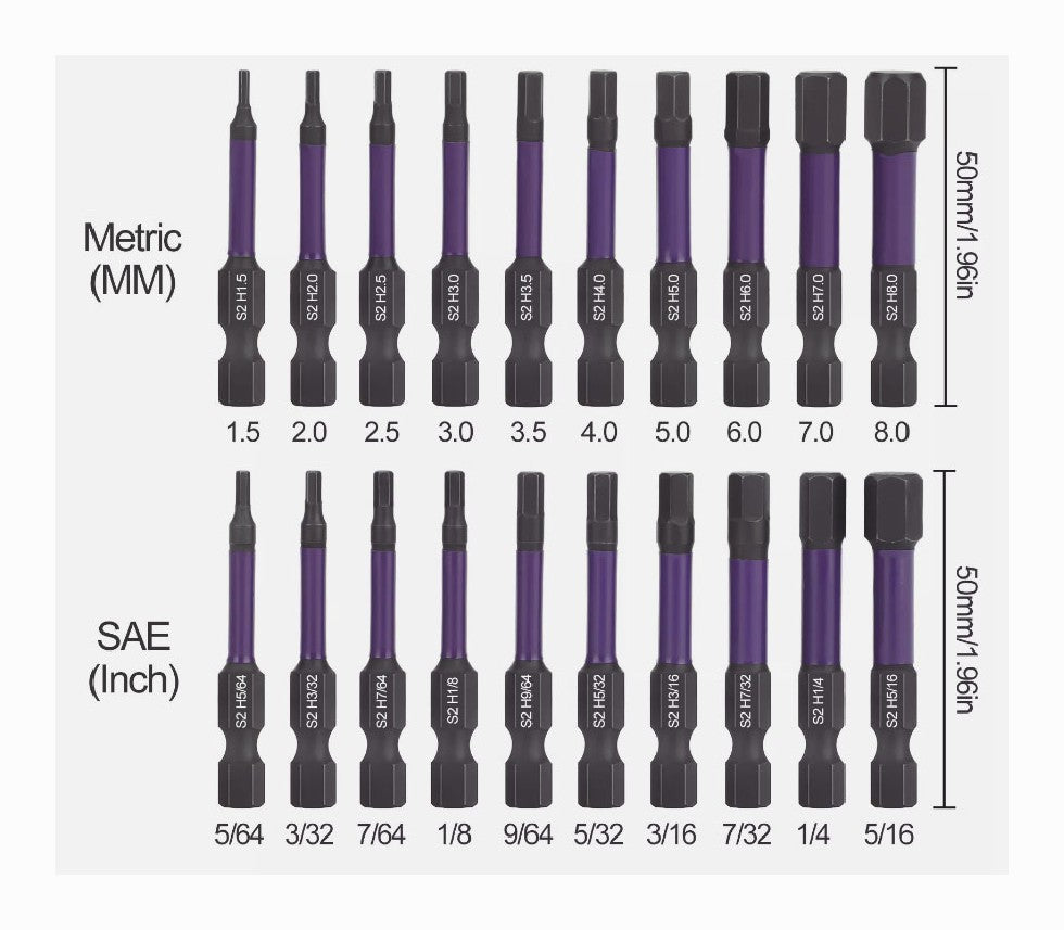 20PCS Allen Hex Bit Set 1/4 Hex Magnetic S2 Steel 2 Long Metric & SAE DIY Tool