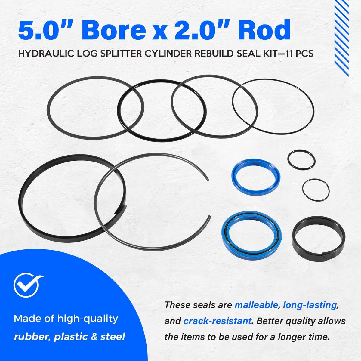 5.0" Bore x 2.0" Rod Cylinder Hydraulic Log Splitter Cylinder Rebuild Seal Kit