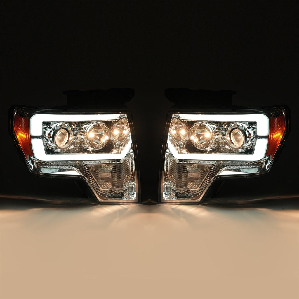 Projector Headlight Assembly Fit Ford F150 F-150 2009-2014 Chrome DRL LED Tube