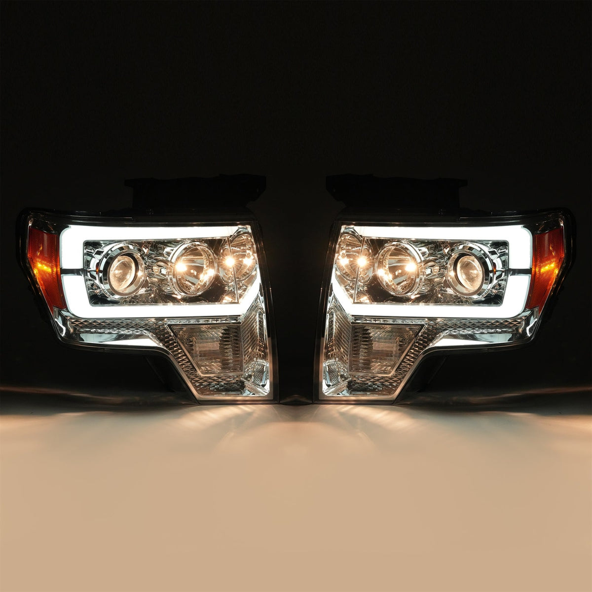 Projector Headlight Assembly Fit Ford F150 F-150 2009-2014 Chrome DRL LED Tube