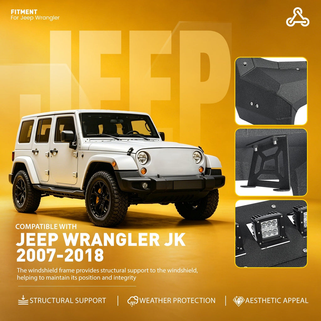 For Jeep Wrangler JK 2007-18 Steel Armor Windshield Frame Cover Visor Cowl w/LED