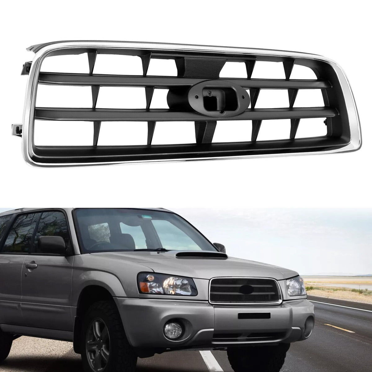 For Subaru Forester 2003-2005 Front Chrome Shell w/ Gray Insert Grille Grill