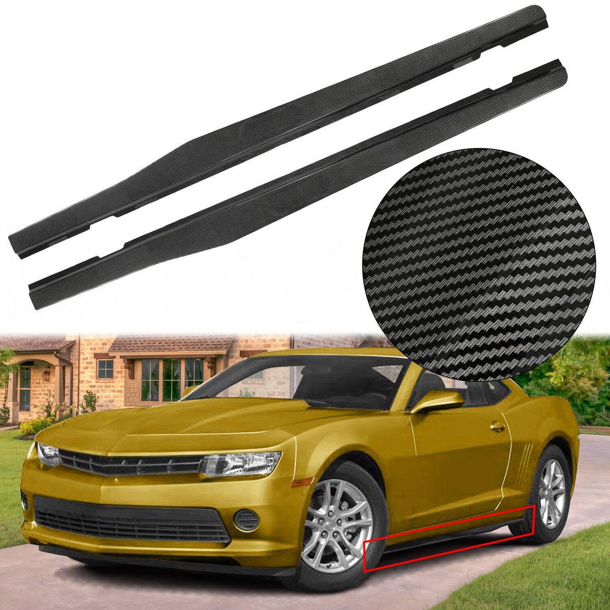 Side Skirts Extension Lip Carbon Look Fits 2010-2015 Chevy Camaro LT LS Style