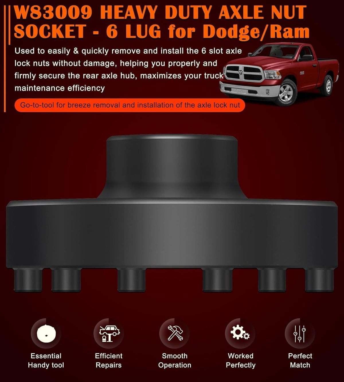 W83009 Heavy Duty 6 Lug Axle Nut Socket for Dodge Ram Trucks 1500-5500 Chasis D2