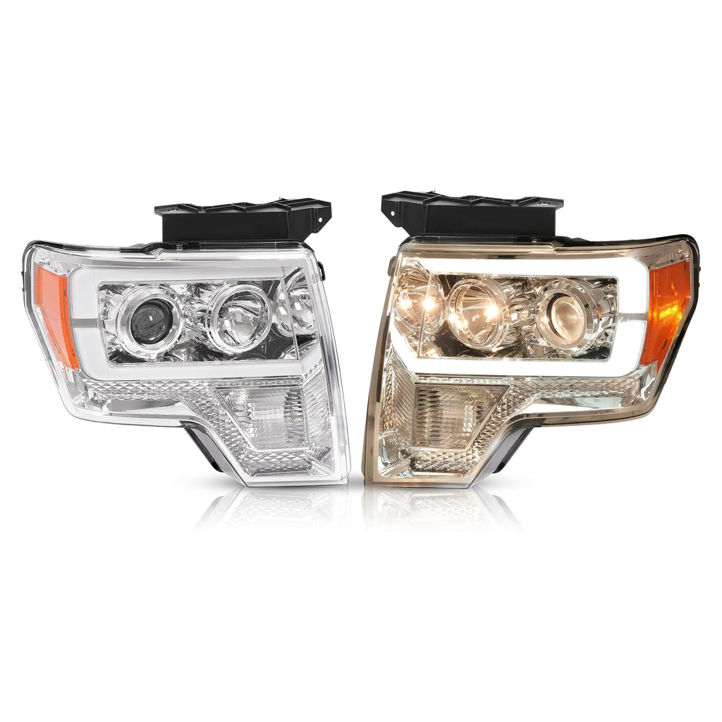 Projector Headlight Assembly Fit Ford F150 F-150 2009-2014 Chrome DRL LED Tube