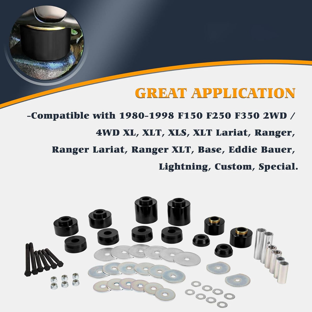 For 1980-1998 Ford F150 F250 F350 2WD 4WD 4.4123R Body Mount Bushing Set Kit