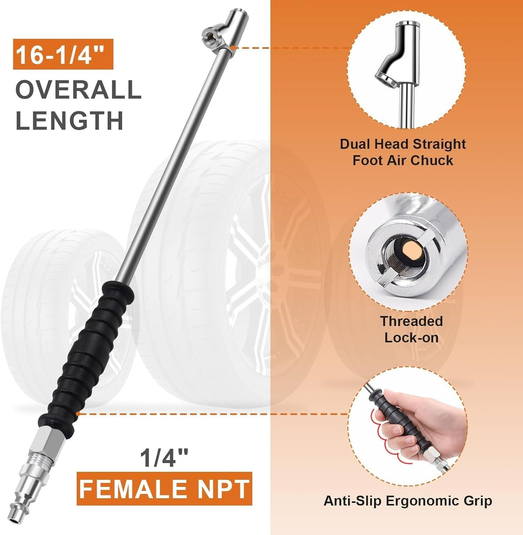 9" Extended Reach Dual Head Air Chuck 2-Way Connection 1/4" FNPT Straight Lock