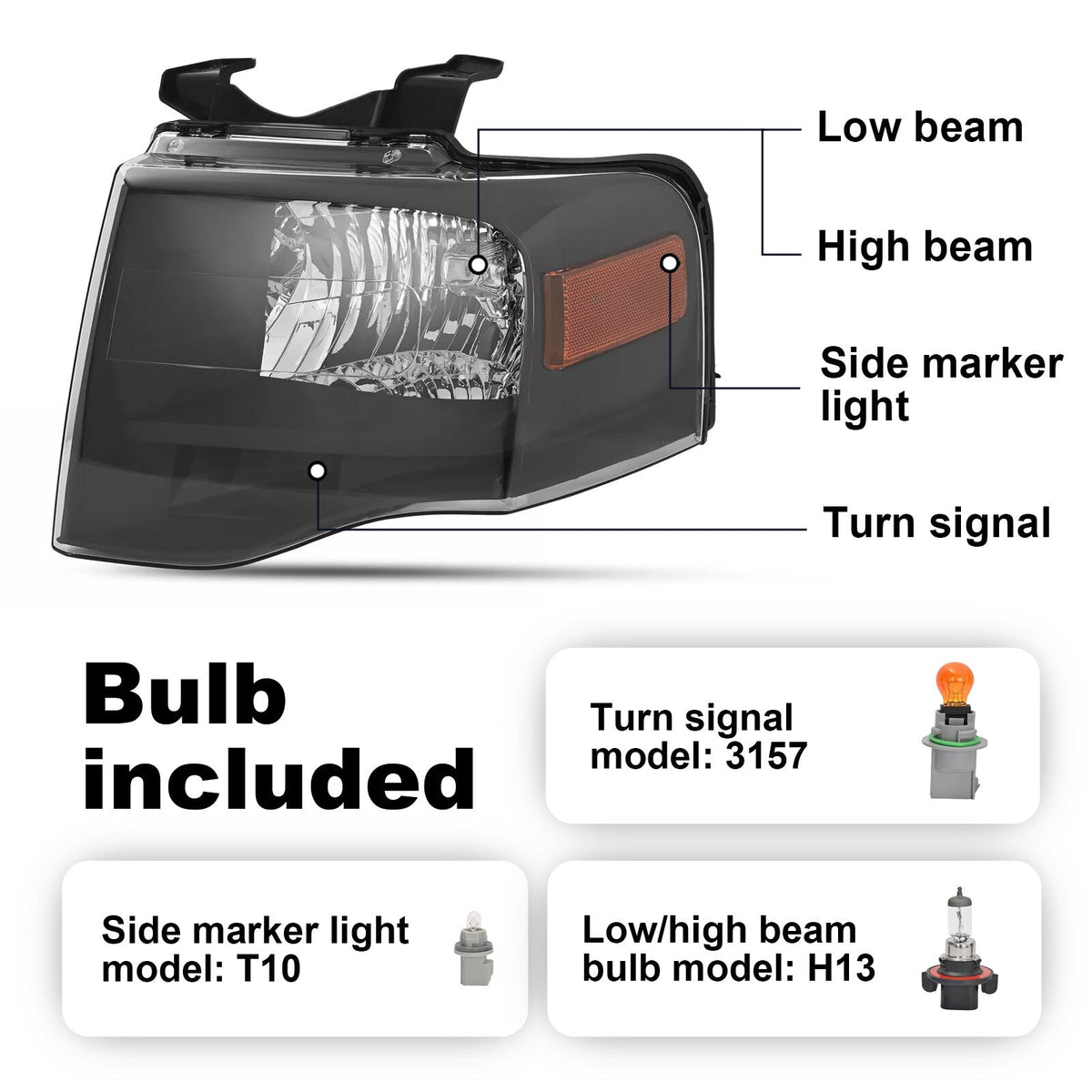 Left For Ford Expedition 2007-2014 Headlight W/bulbs Amber Reflector 7L1Z13008DB