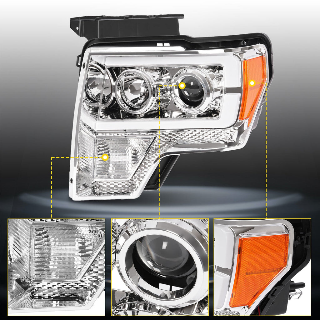 Projector Headlight Assembly Fit Ford F150 F-150 2009-2014 Chrome DRL LED Tube