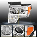 Projector Headlight Assembly Fit Ford F150 F-150 2009-2014 Chrome DRL LED Tube