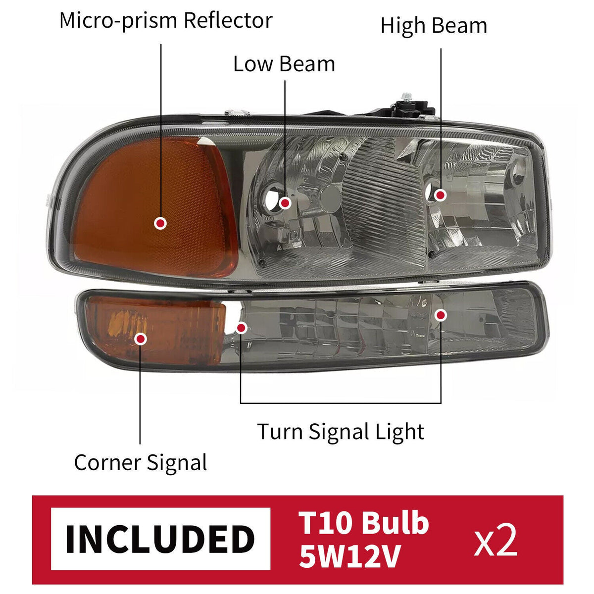 Chrome Headlights+Bumper Lamp Smoke Lens For GMC Sierra 1500 Yukon XL 1999-2007