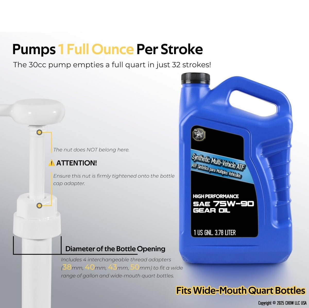 30cc Fluid Pump for Gallon Wide Mouth Quart Bottles Transfer Gear Oil, Hand Pump