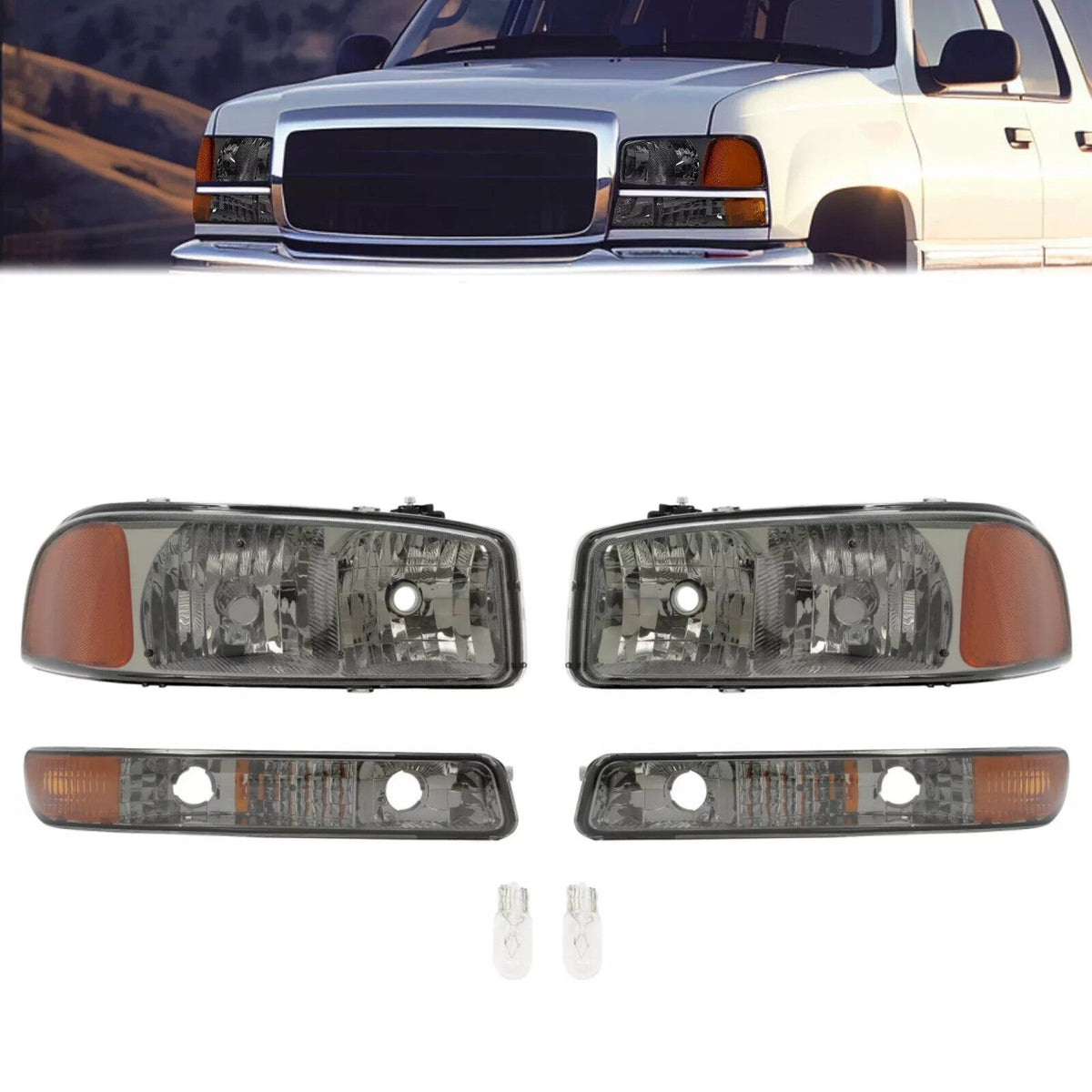 Chrome Headlights+Bumper Lamp Smoke Lens For GMC Sierra 1500 Yukon XL 1999-2007