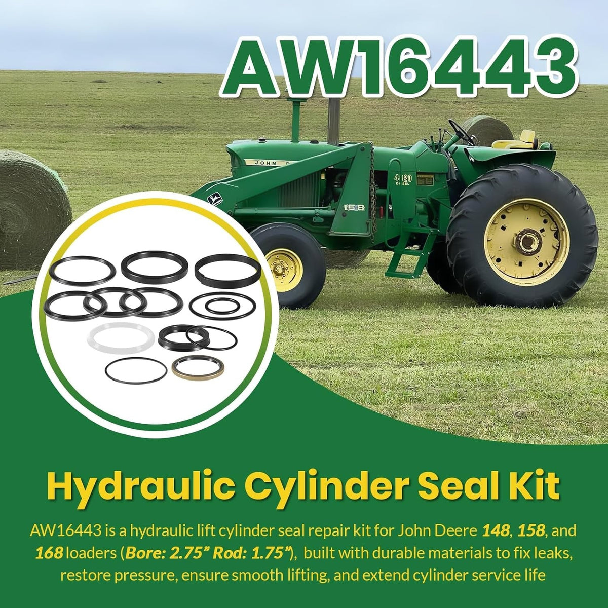 AW16443 Hydraulic Cylinder Seal Kit For John Deere 148 158 168 Farm Loader