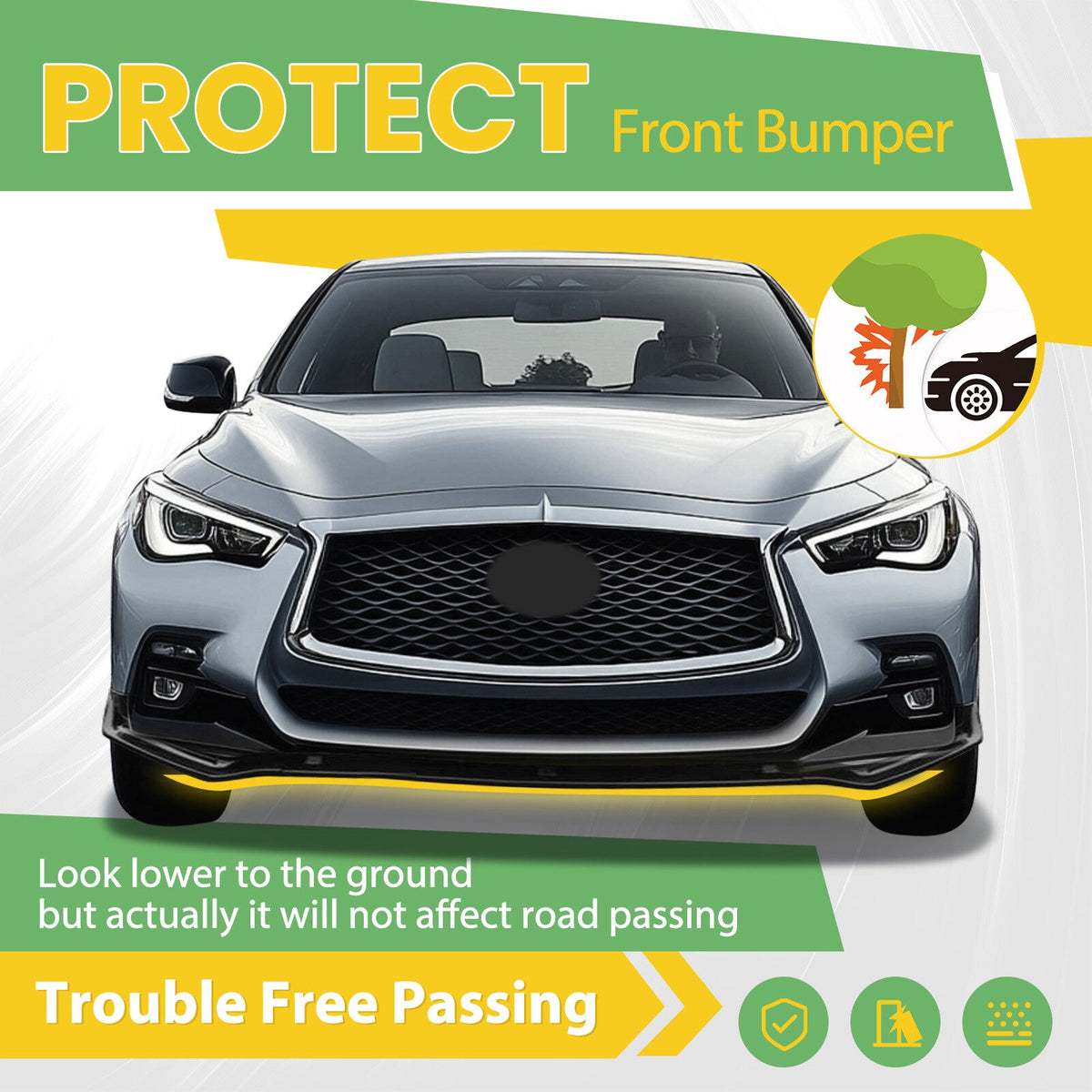 Fits Infiniti Q50 Sport 18-24 Gloss Black PP 3PC Front Bumper Lip Chin Splitter