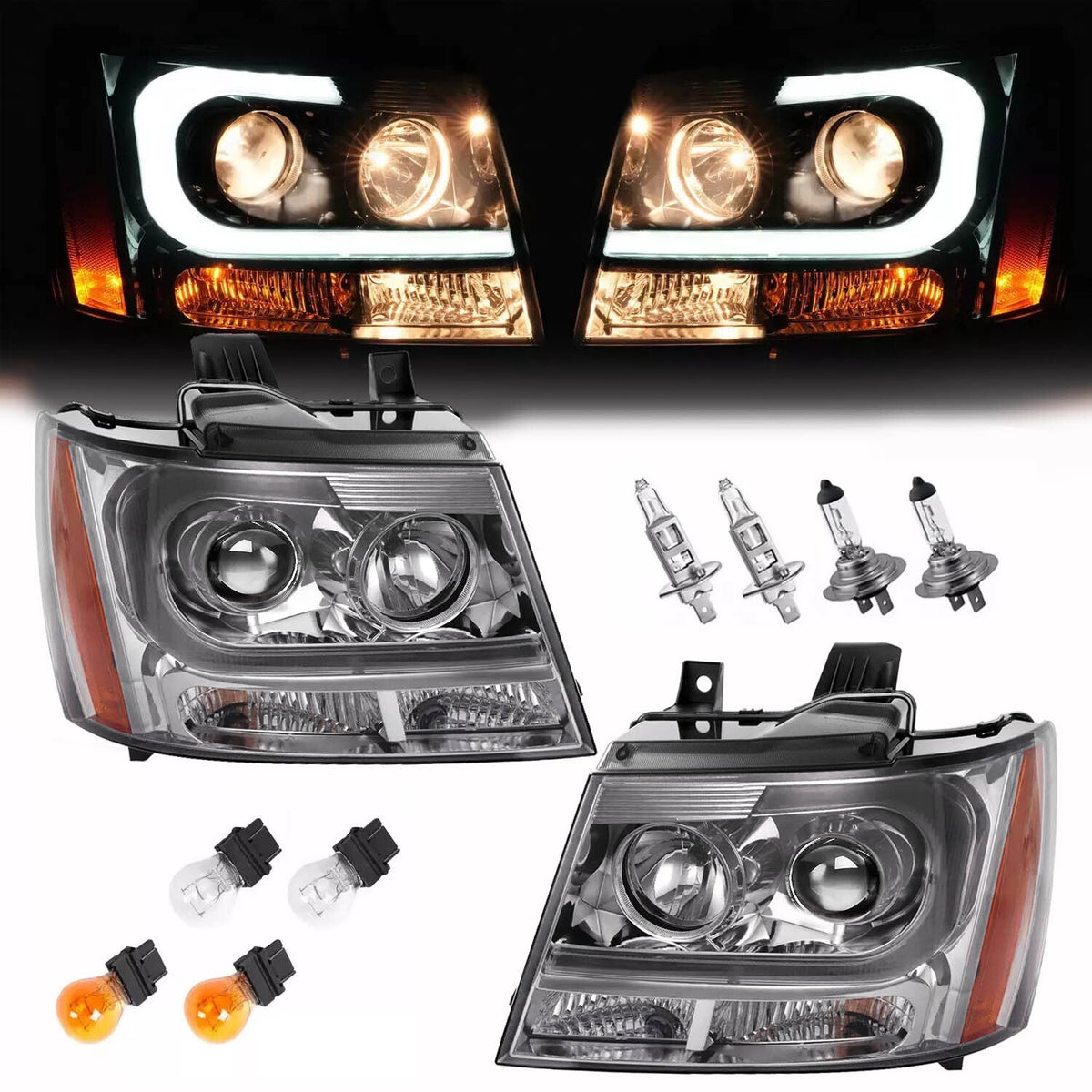 Headlights For Avalanche/Suburban/Tahoe 2007-2014 LED Bar LH+RH Projector