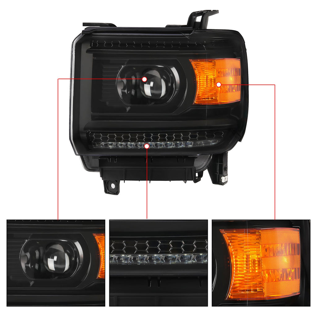 DRL LED Headlights Projector For 2014-2018 GMC Sierra 1500 2015-2019 2500 3500HD