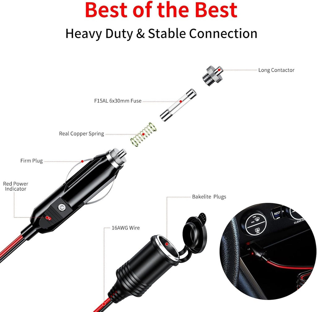 12V Car Cigarette Lighter Socket Extension Cord Cable Heavey Duty Adapter 13FT