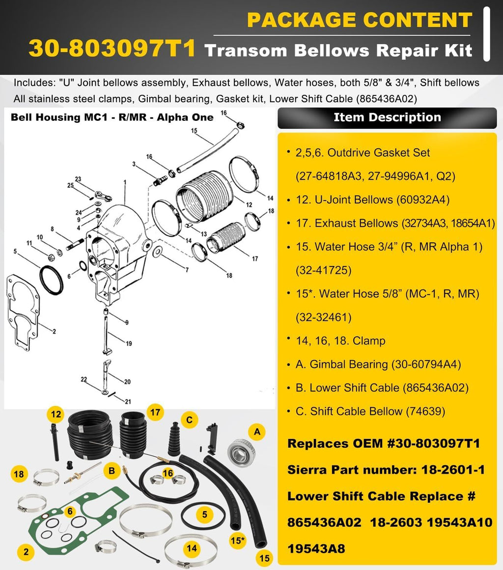 For Quicksilver Mercruiser Alpha One Transom Seal Bellow Kit & Lower Shift Cable