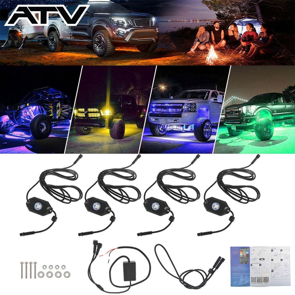 New Bright 4 Pods RGB LED Rock Lights Music Wireless Bluetooth Control
