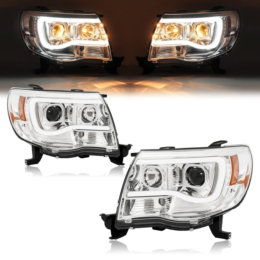 DOT Chrome LED Tube Projector Headlights HeadLamps For Toyota Tacoma 2005-2011