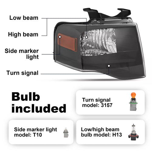 1PC Right For Ford Expedition 07-14 Headlight W/bulbs Amber Reflector #FO2503227