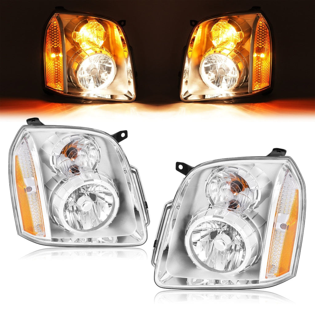 2PCS Headlights Chrome Headlamps With Bulbs For 2007-2014 GMC Yukon XL 1500 2500