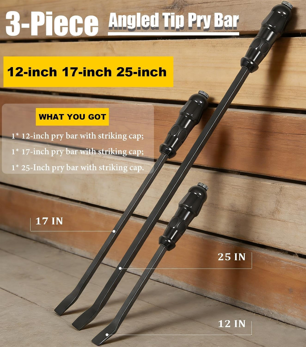 3-Piece Pry Bar Set 12", 17" and 25" Heavy Duty Pry Bar Angled End LSQ42103