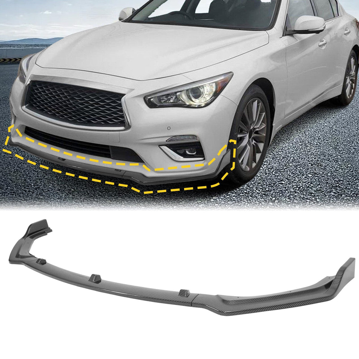 Carbon Fiber Color Front Bumper Lip Splitter For 2018-24 Infiniti Q50 Luxe Base