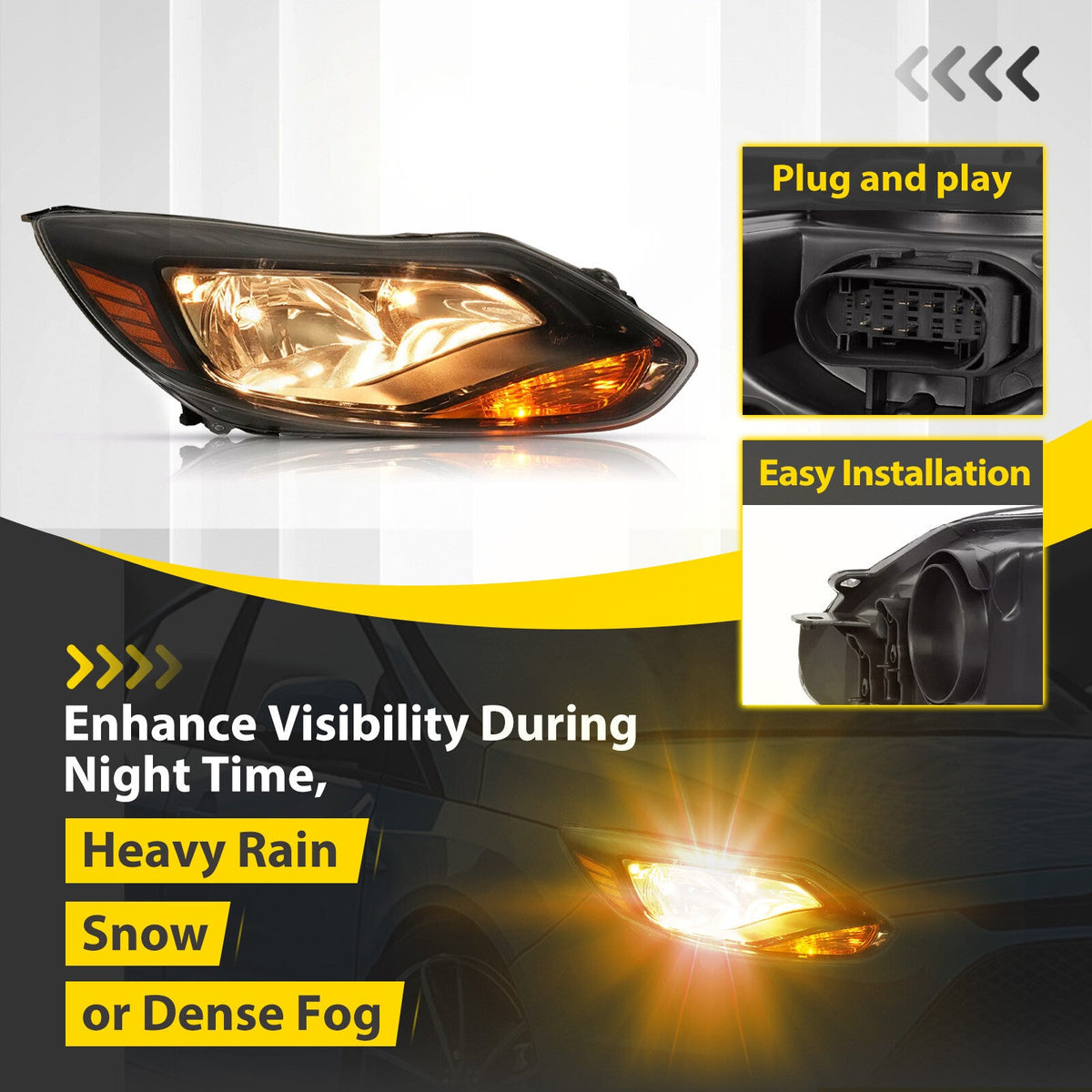 Black Right Passenger Side Headlight Clear Lens Halogen For Ford Focus 2012-2014