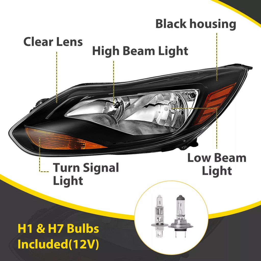 Black Left Driver Side Headlights Clear Lens Halogen Fits Ford Focus 2012-2014