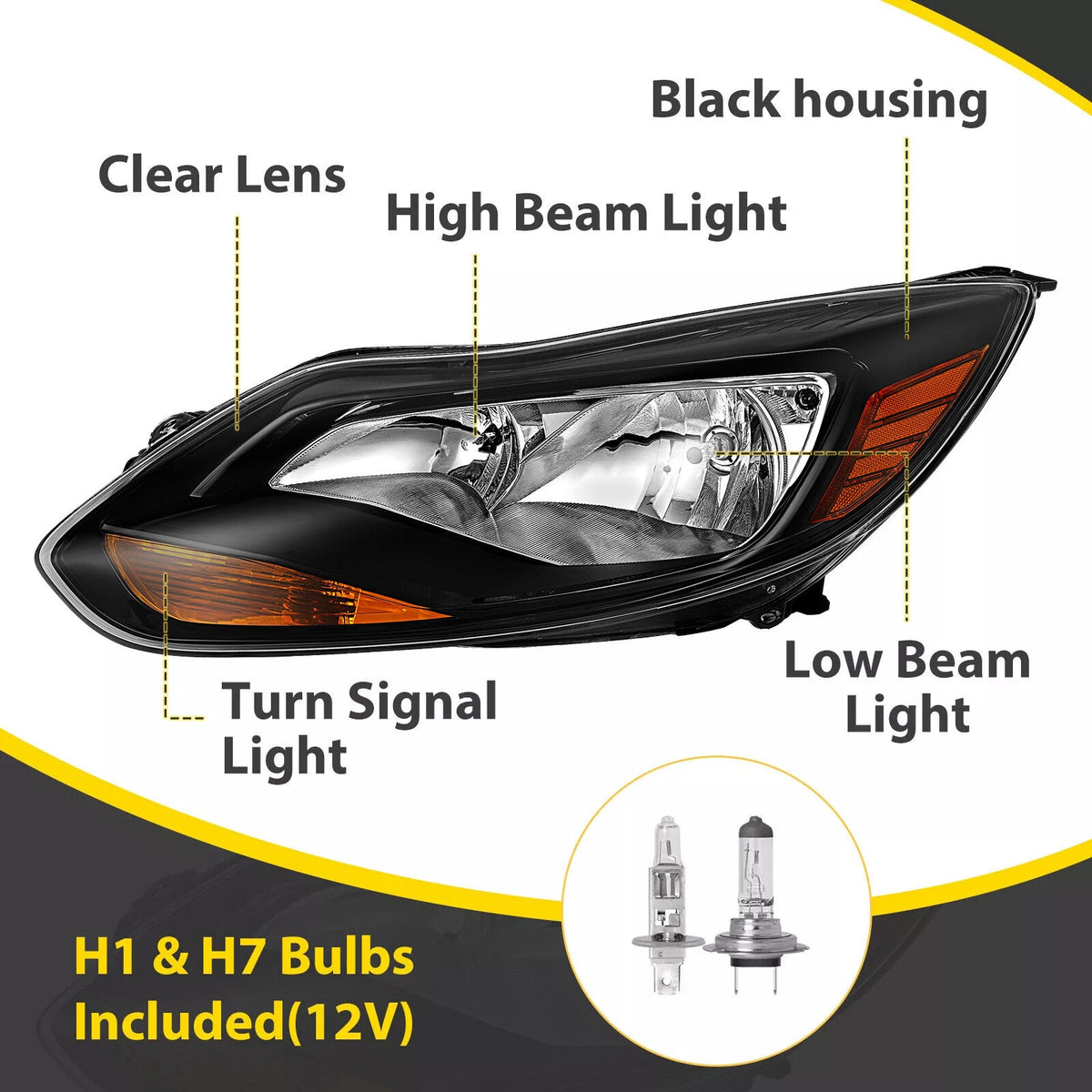 Black Left Driver Side Headlights Clear Lens Halogen Fits Ford Focus 2012-2014