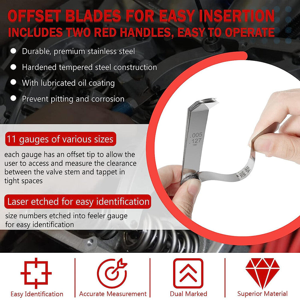 A308 Offset Valve Tappet Gauge 11-Blade Feeler Gauge Kit Sizes 0.004" to 0.014"