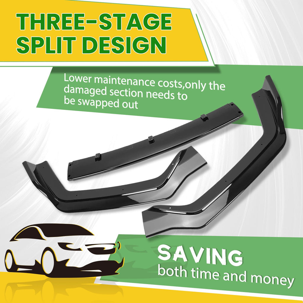 Fits Infiniti Q50 Sport 18-24 Gloss Black PP 3PC Front Bumper Lip Chin Splitter