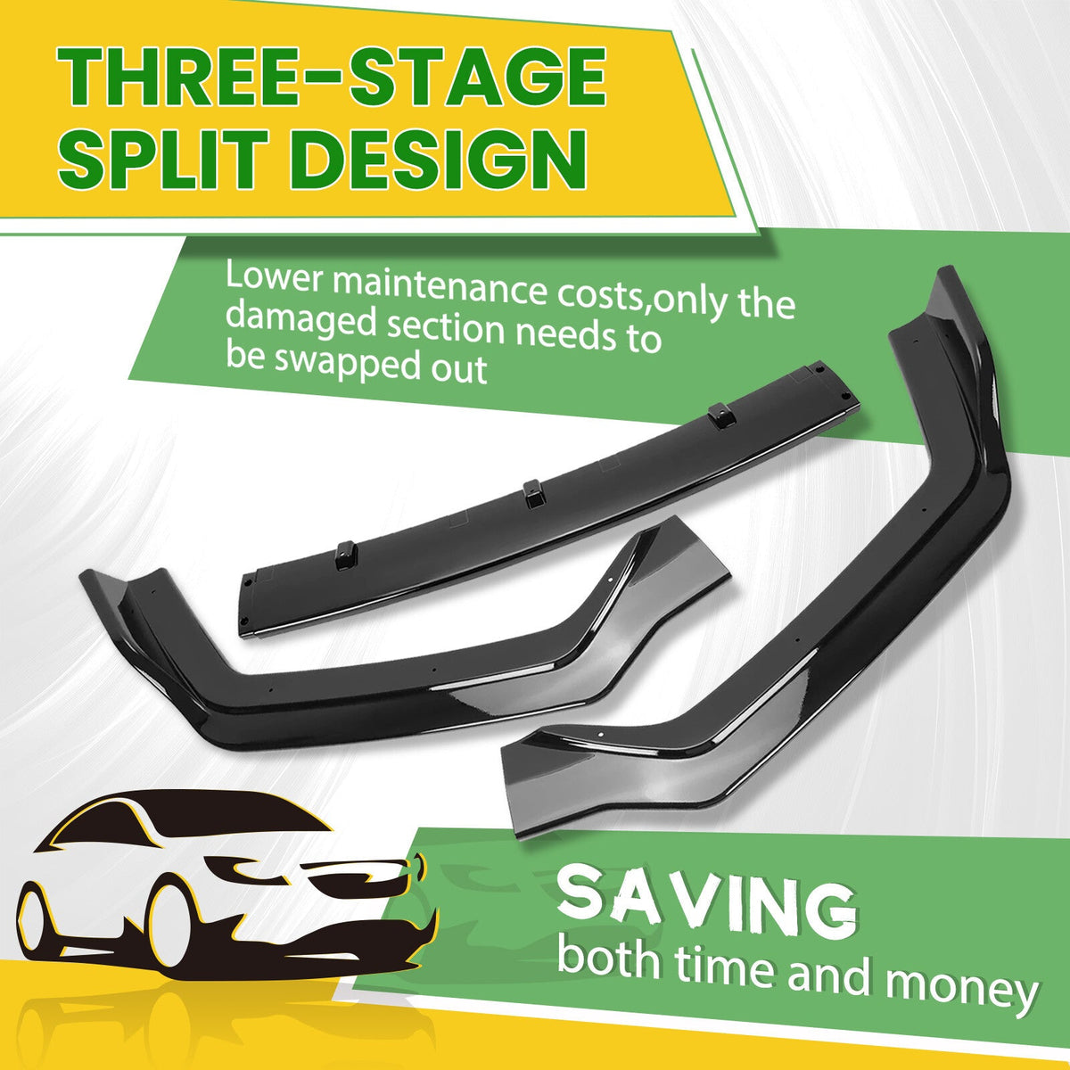 Fits Infiniti Q50 Sport 18-24 Gloss Black PP 3PC Front Bumper Lip Chin Splitter