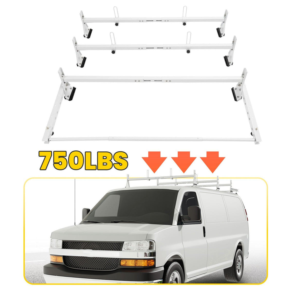 750 lbs Roof Ladder Rack W/Cargo Roller For Chevy Express Savana 2500/3500 96-23
