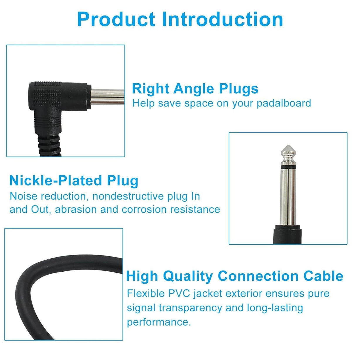 6PCS Patch Cables for Electric Guitar OFC Pedal Board Wire Cords 1/4 Right Angle