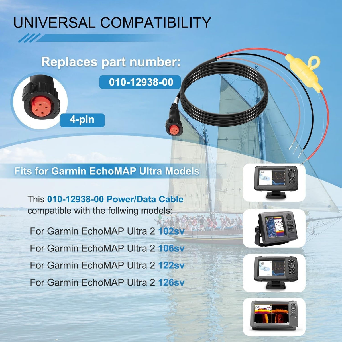 010-12938-00 Power Cable 4-Pin for Garmin EchoMAP Ultra 2 102,106,122,126sv
