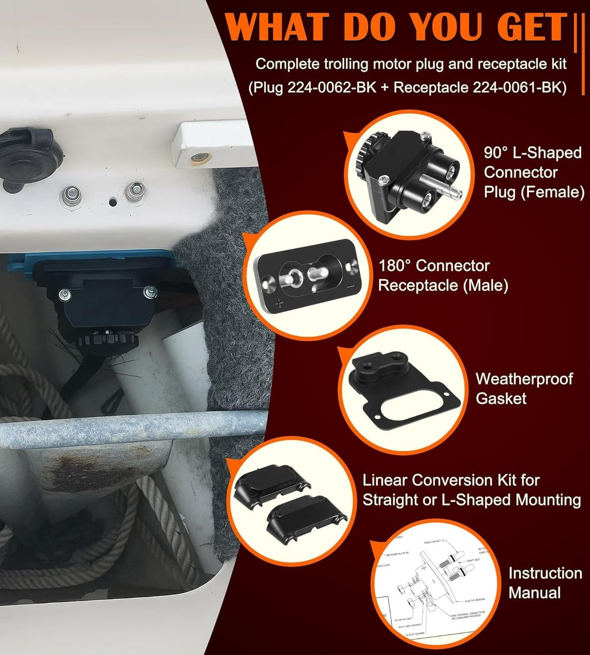 for Marine 12-48V DC Trolling Motor Plug and Receptacle Parts Kit 027-0004-Kit